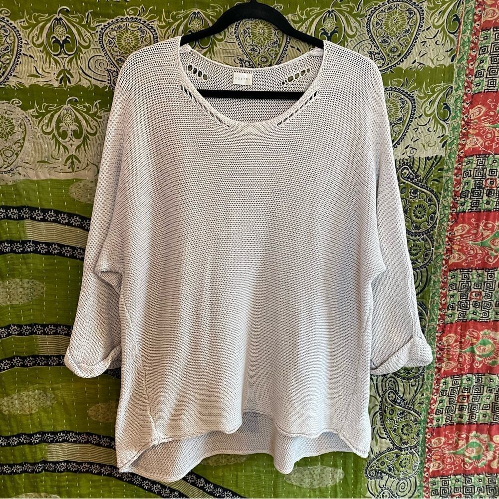 Poetry Pale Gray Lagenlook Scandi Minimal Cotton V-Neck Sweater Size 16